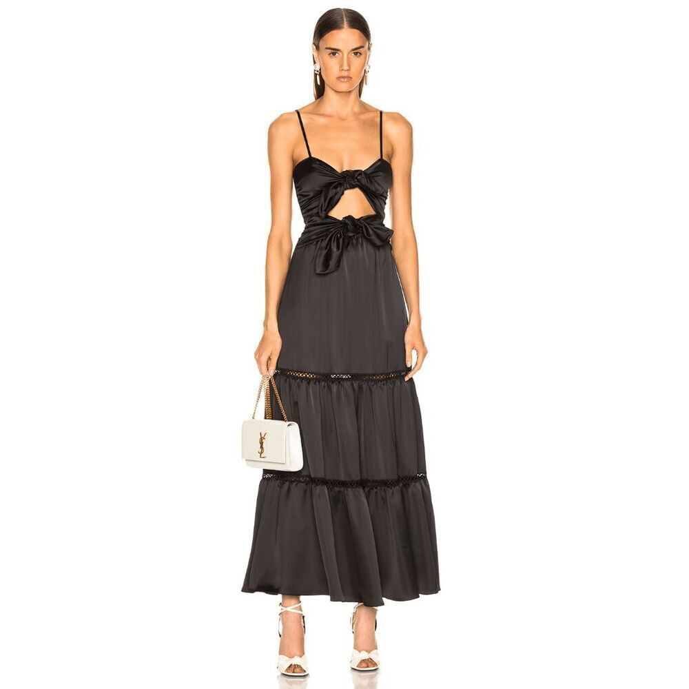 Jonathan Simkhai Black Tiered Cutout Spaghetti Strap Bow Tie Midi Dress Medium